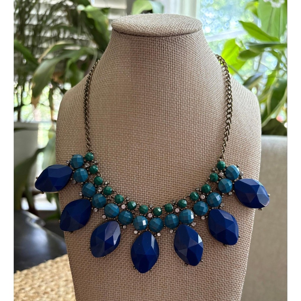 J.Crew Blue & Green Faceted Cabochon Bib Statement Necklace, Antique Gold Tone